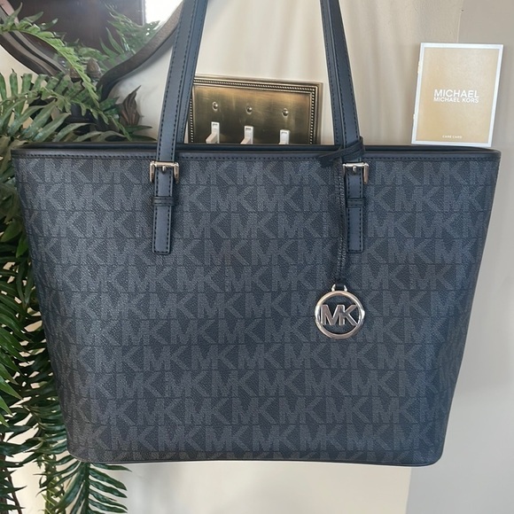 Brand New Michael Kors Black Top Zipper Double Strap Shoulder Bag Jet Set Tote - Picture 3 of 16